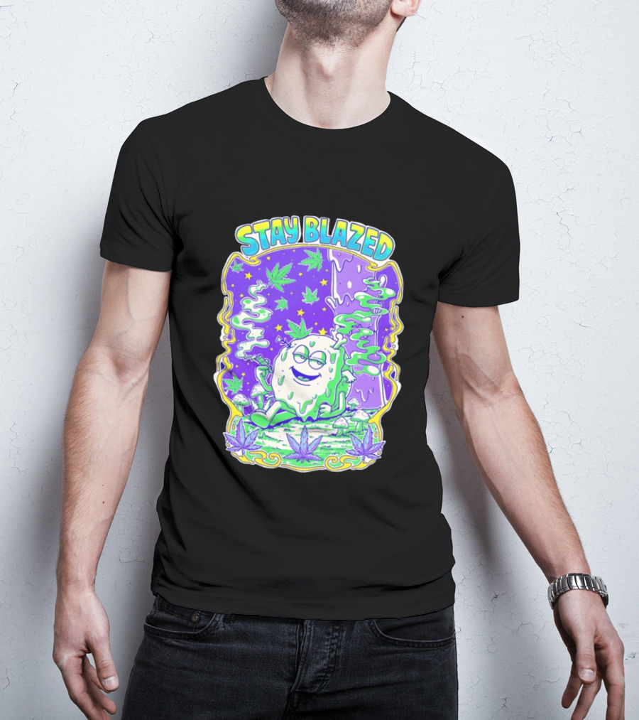 Stay Blazed Trippy Cannabis Character Psychedelic Art Leafs And Mushrooms T-Shirt