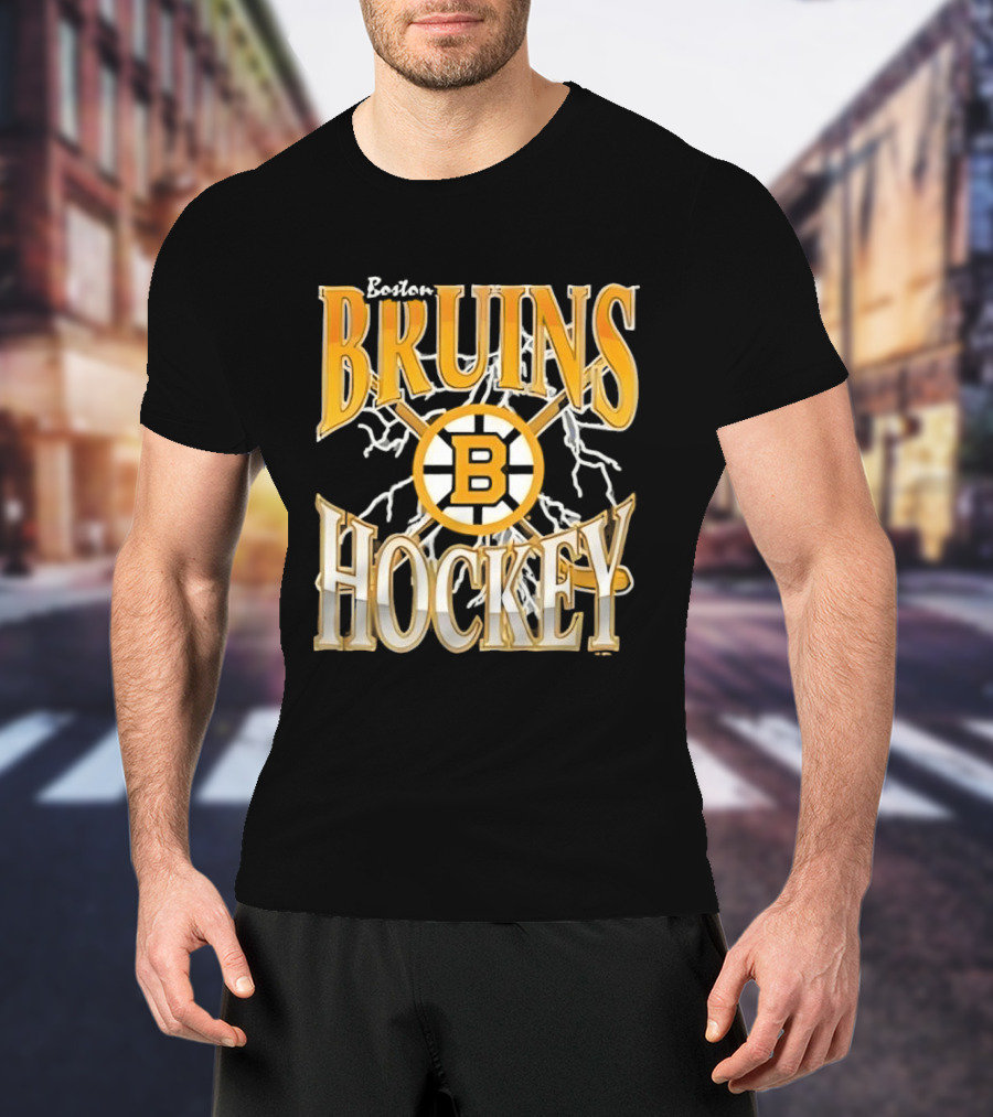 Boston Bruins Hockey B Logo Crossed Sticks Lightning T-Shirt