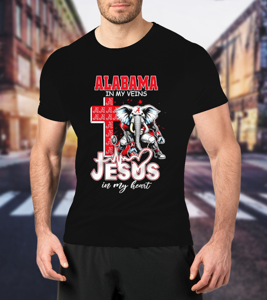 Alabama Crimson Tide In My Veins Jesus In My Heart Elephant Cross T-Shirt