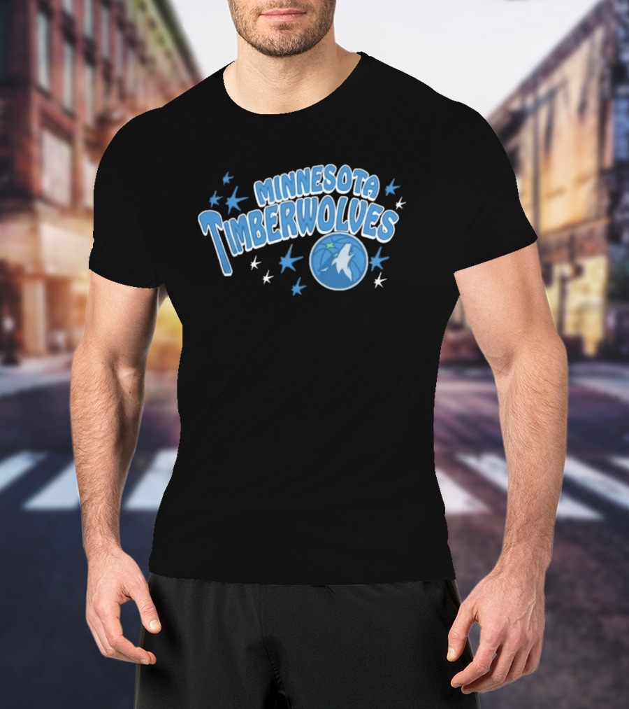 Minnesota Timberwolves Starter Black Fireworks Starry Blue Basketball Wolf T-Shirt