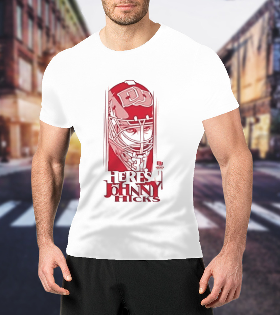 Here's Johnny Hicks Denver Pioneers Men's Ice Hockey Mask DJ T-Shirt