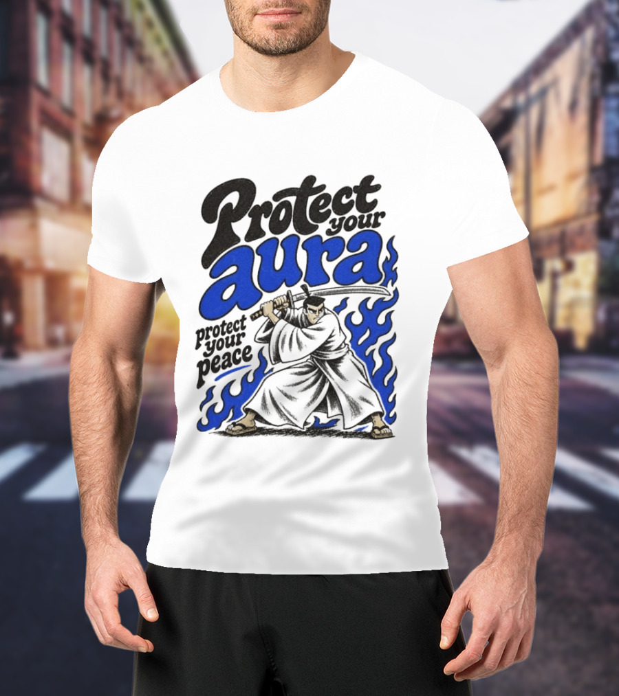 Protect Your Aura Samurai Protect Your Peace Blue Flames T-Shirt