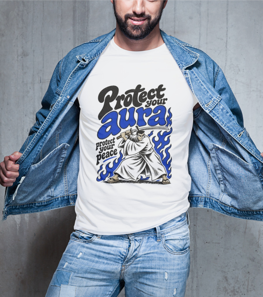 Protect Your Aura Samurai Protect Your Peace Blue Flames T-Shirt