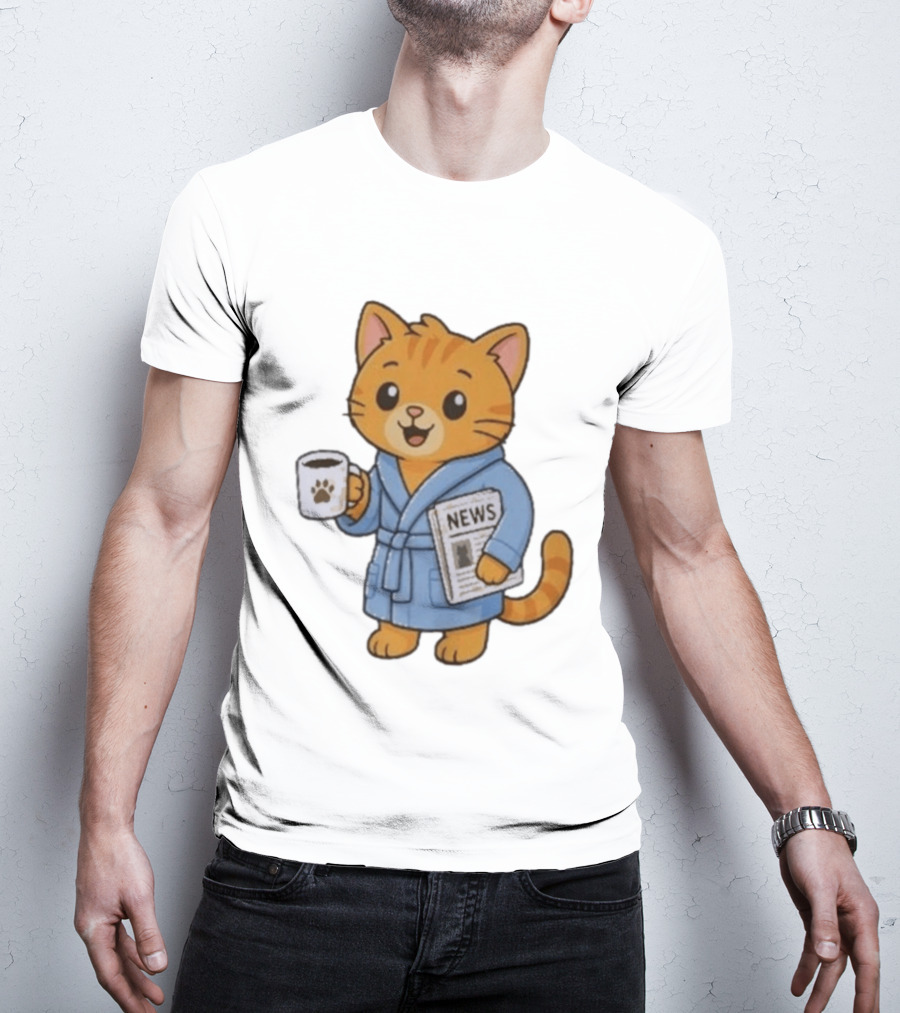 Cat In Bathrobe With Coffee And Newspaper T-Shirt