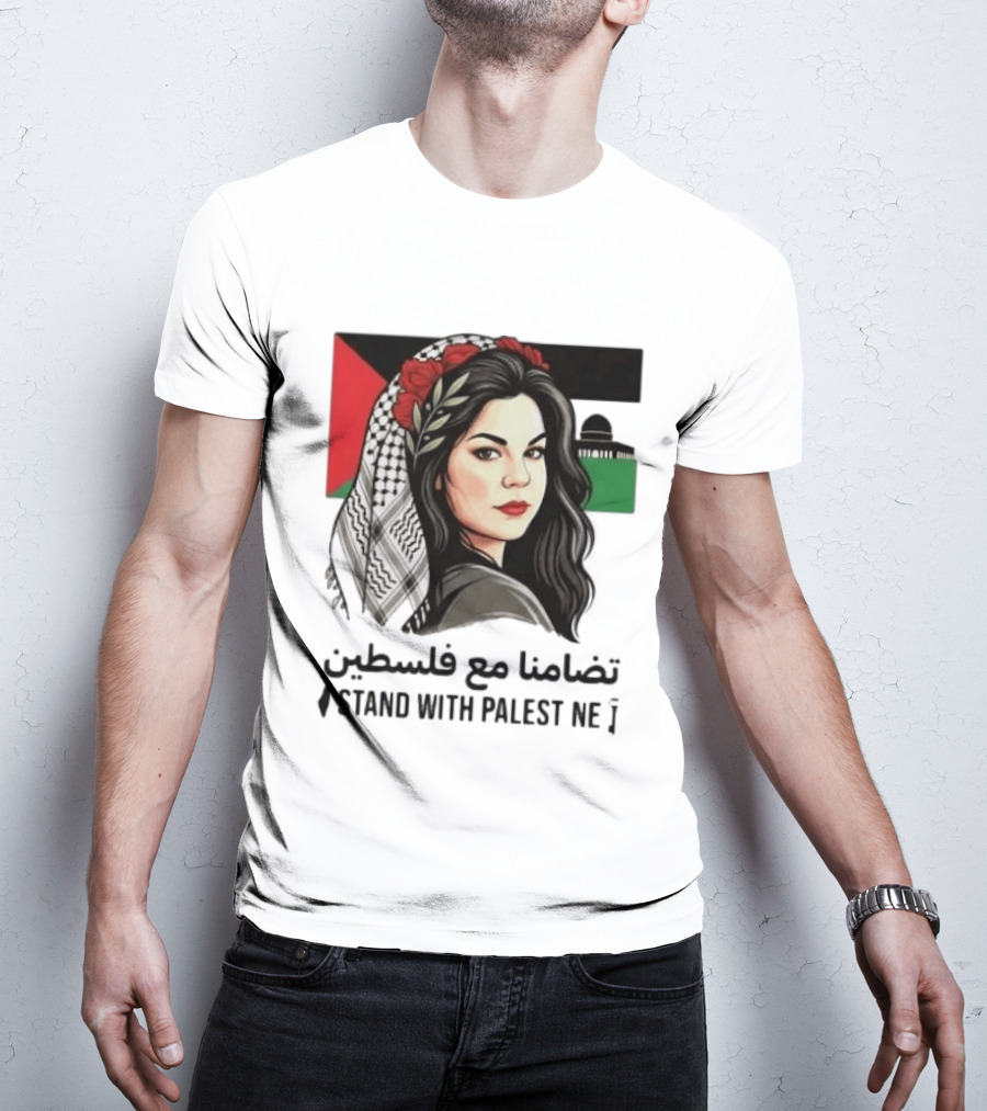 Stand With Palestine Women تضامنًا مع فلسطين Iconic Figure With Traditional Scarf And Flag T-Shirt