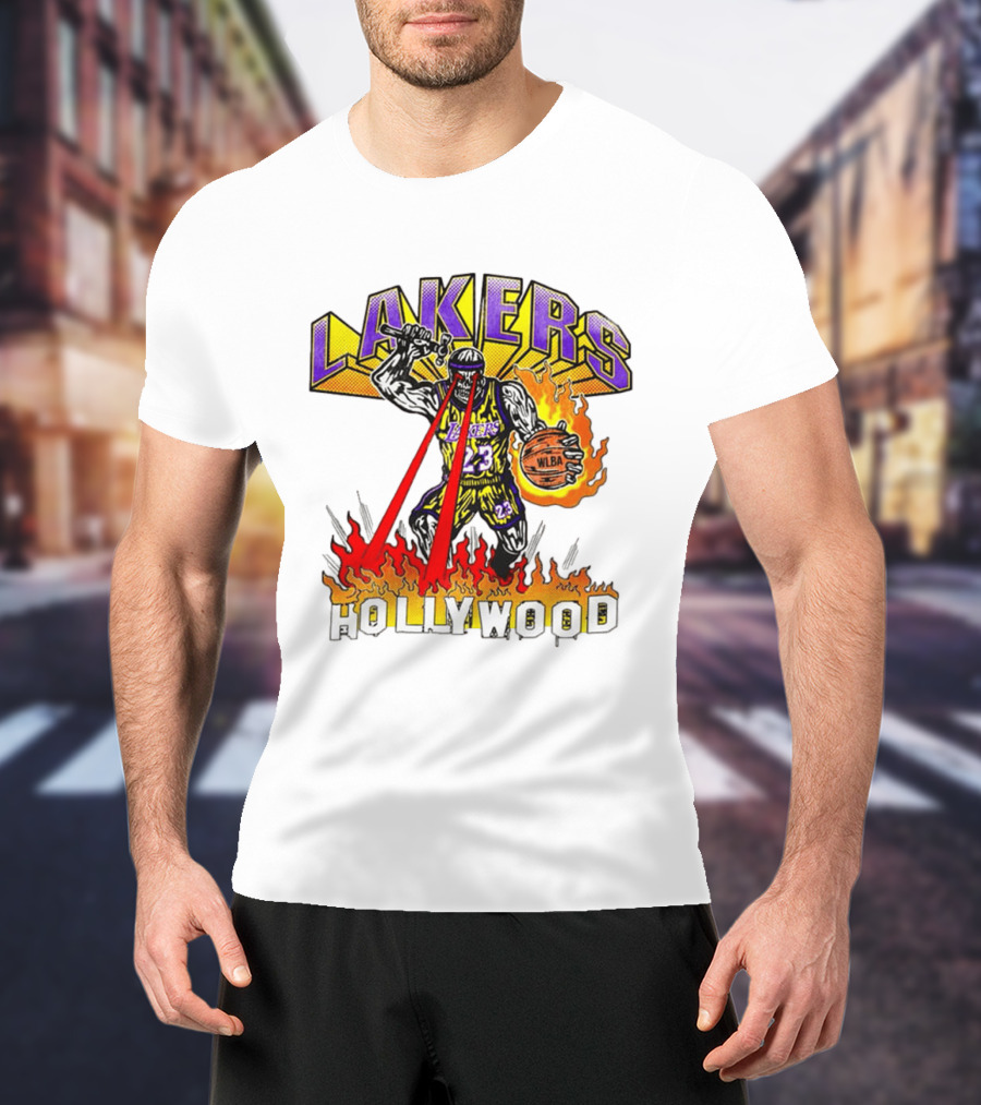 Rare Warren Lotas Los Angeles Lakers Hollywood Basketball Player Flames Laser Eyes 23 Team T-Shirt