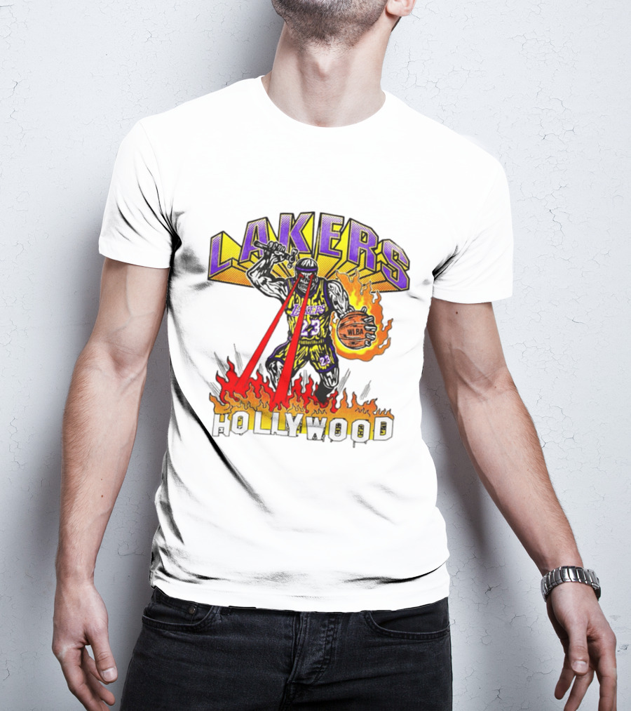 Rare Warren Lotas Los Angeles Lakers Hollywood Basketball Player Flames Laser Eyes 23 Team T-Shirt