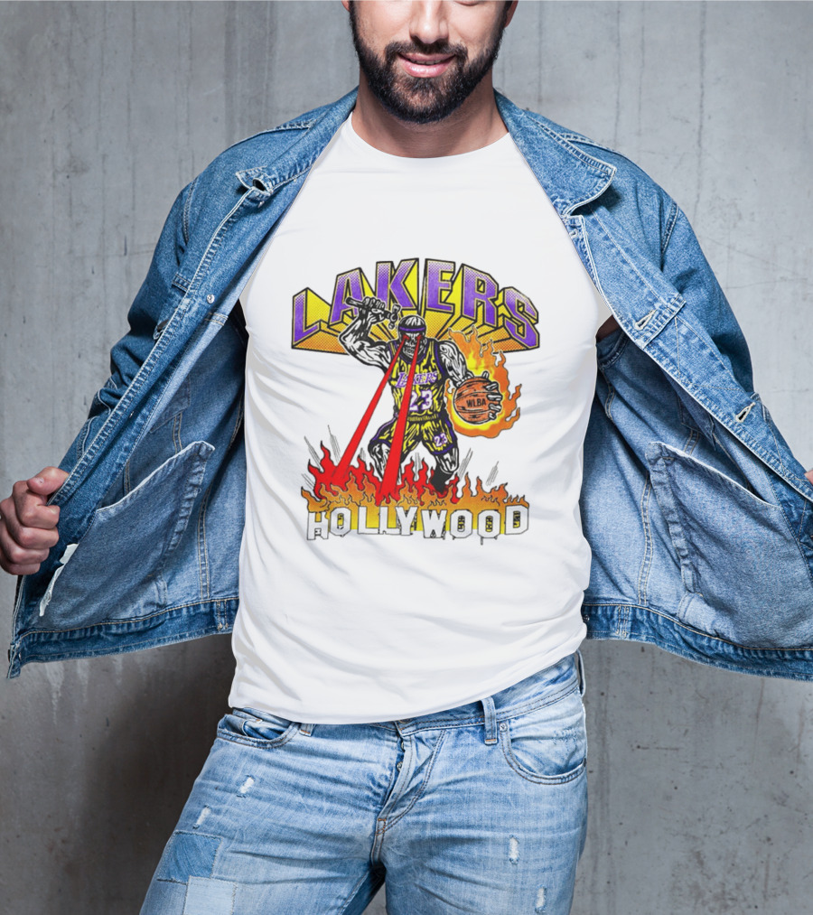 Rare Warren Lotas Los Angeles Lakers Hollywood Basketball Player Flames Laser Eyes 23 Team T-Shirt