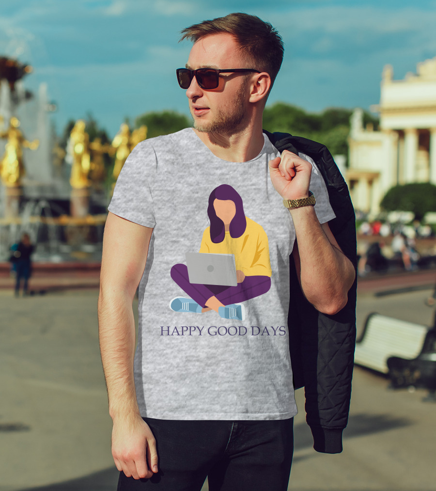 HAPPY GOOD DAYS Laptop Sitting Woman T-Shirt