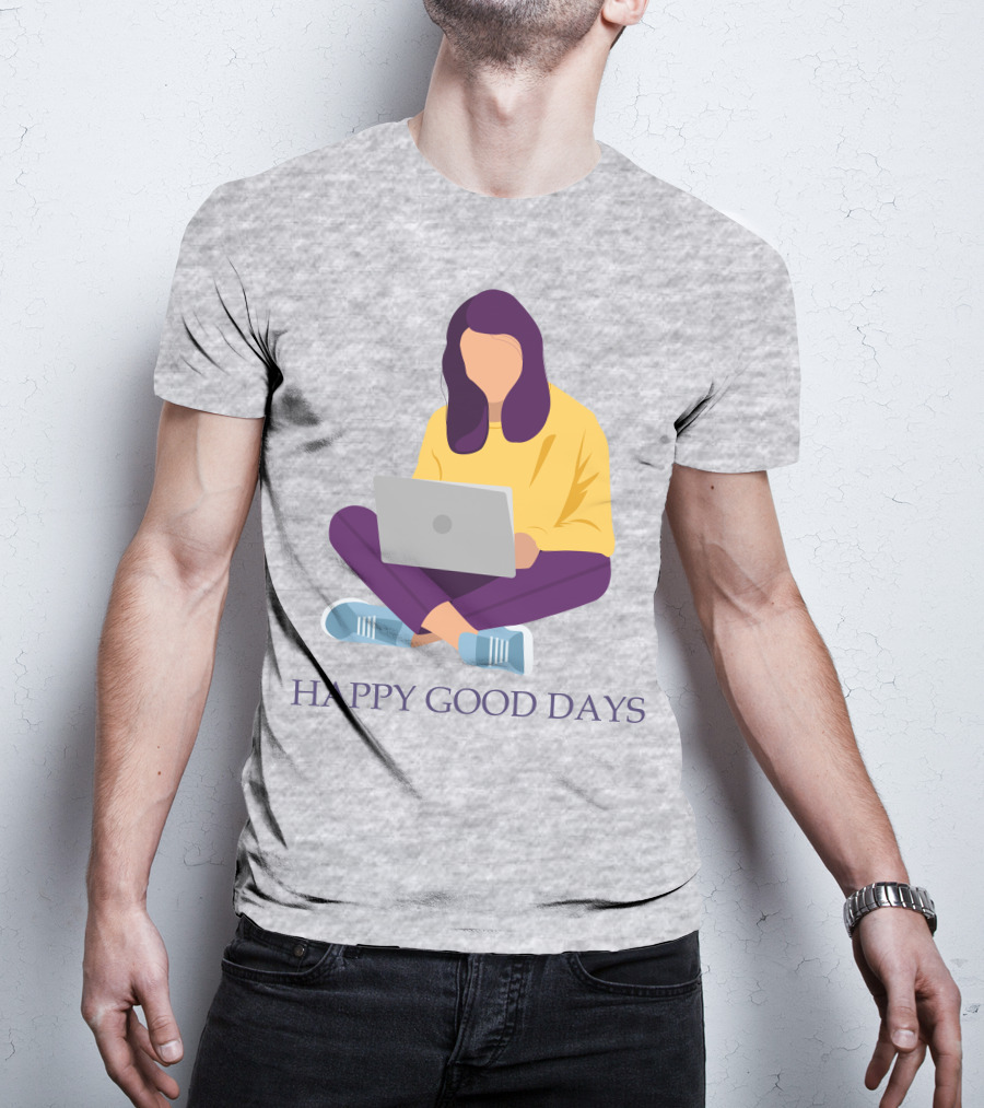 HAPPY GOOD DAYS Laptop Sitting Woman T-Shirt