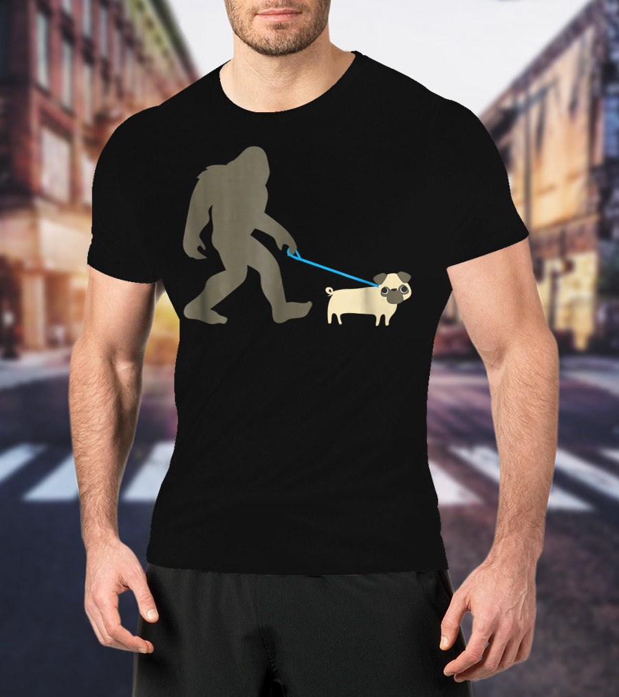 Bigfoot Walking Pug Funny Cute Sasquatch Dog Leash T-Shirt