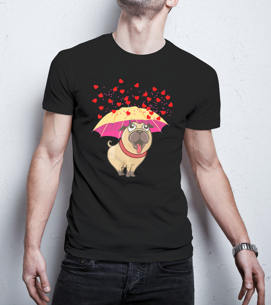 Cute Pug Dog Under Heart Umbrella Valentines Day Pug Lover T-Shirt