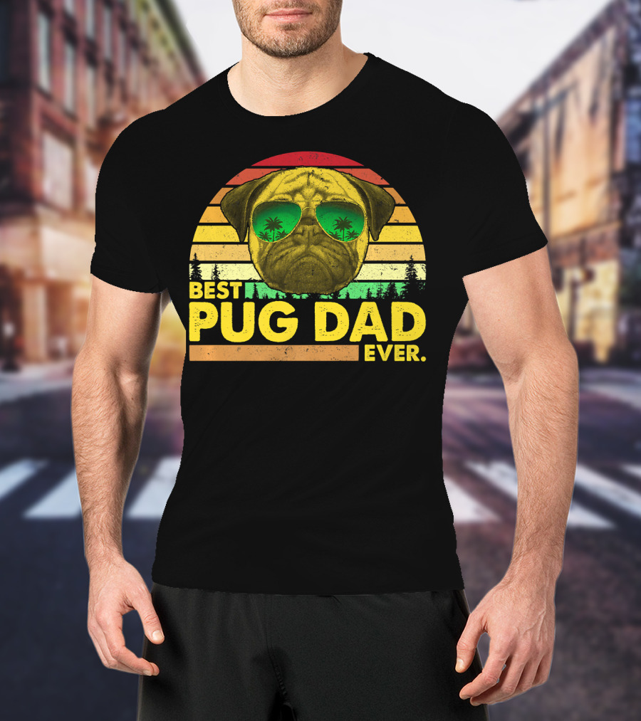 Best Pug Dad Ever Sunglasses Vintage Sunset T-Shirt