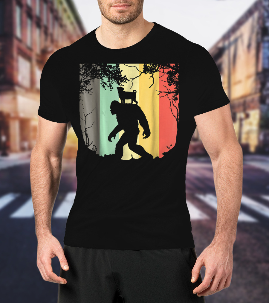 Pug Riding Bigfoot Vintage Retro Sunset Stripes T-Shirt
