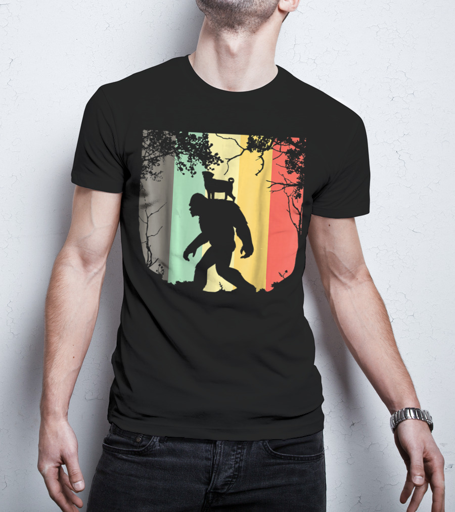 Pug Riding Bigfoot Vintage Retro Sunset Stripes T-Shirt