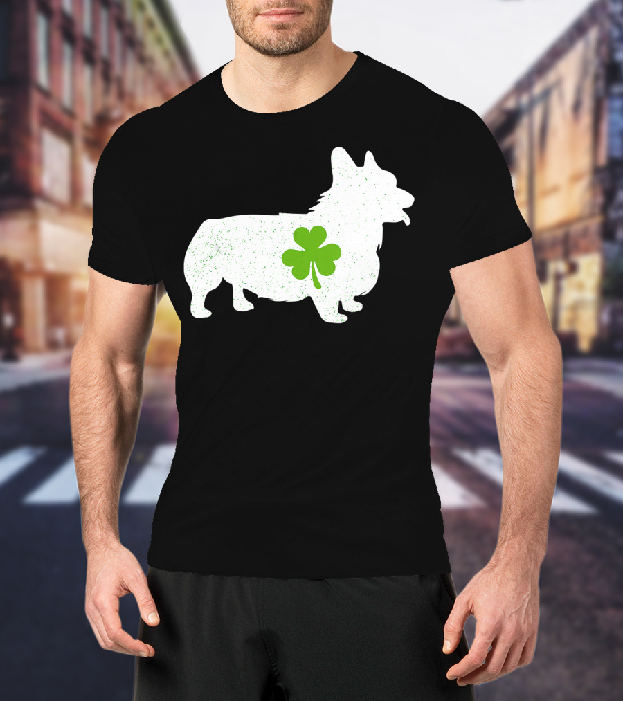 Corgi Silhouette With Green Clover Irish T-Shirt