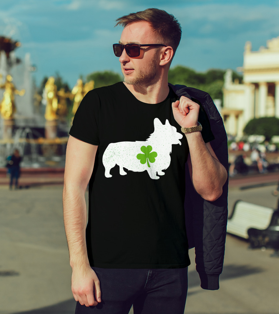 Corgi Silhouette With Green Clover Irish T-Shirt