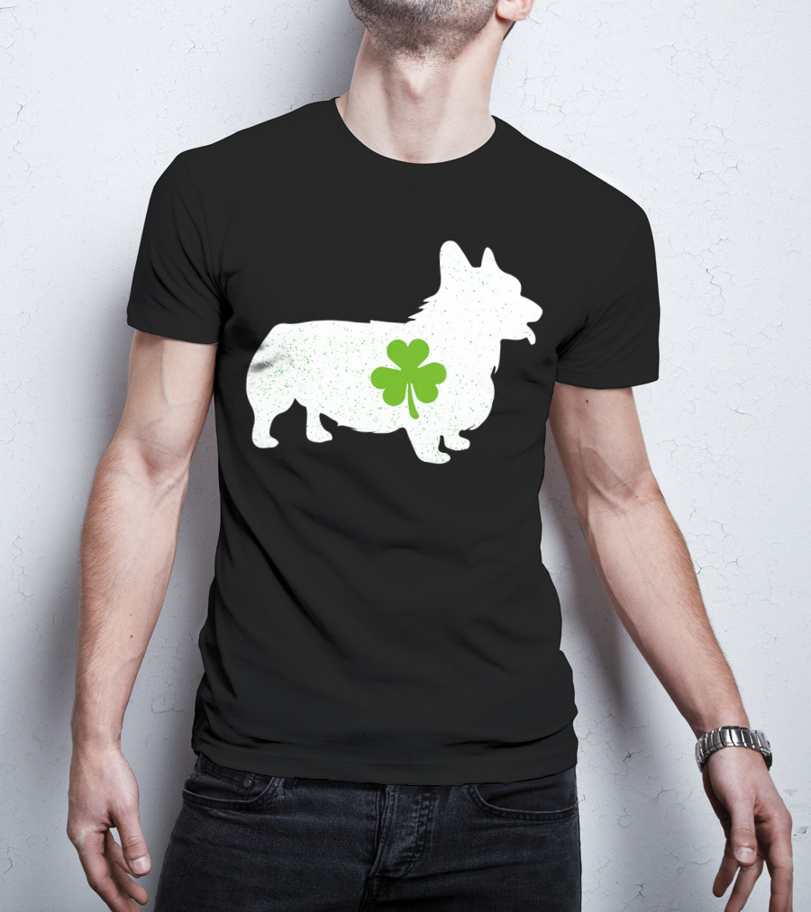 Corgi Silhouette With Green Clover Irish T-Shirt