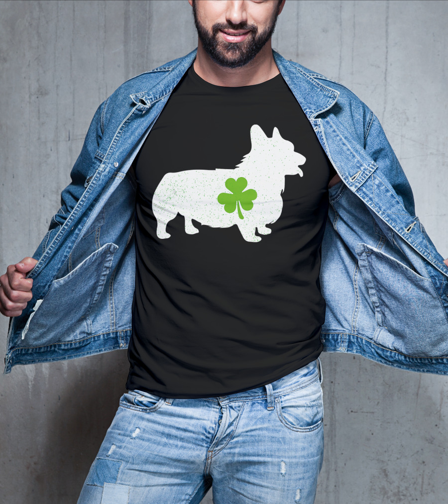 Corgi Silhouette With Green Clover Irish T-Shirt