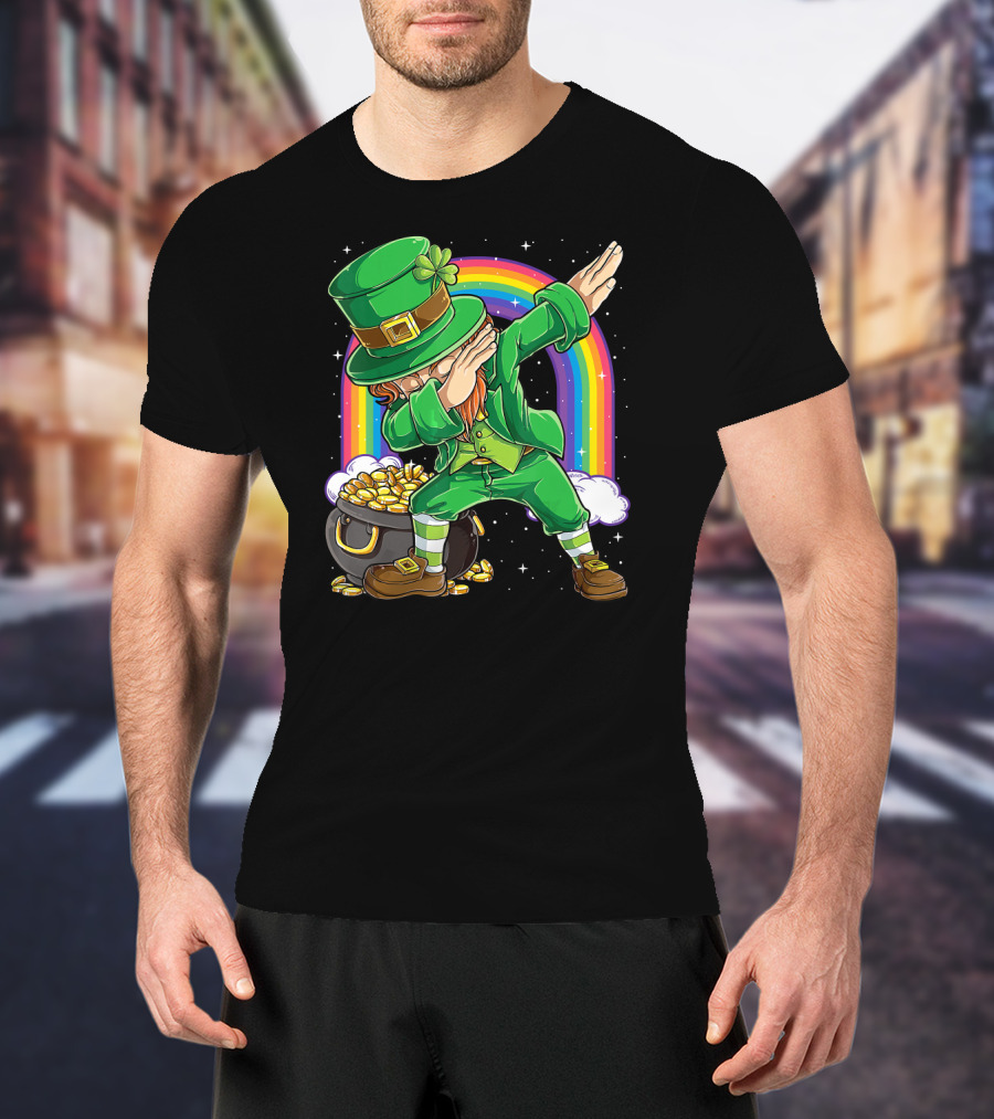 Dabbing Leprechaun St Patricks Day Boys Dab With Pot Of Gold And Rainbow T-Shirt