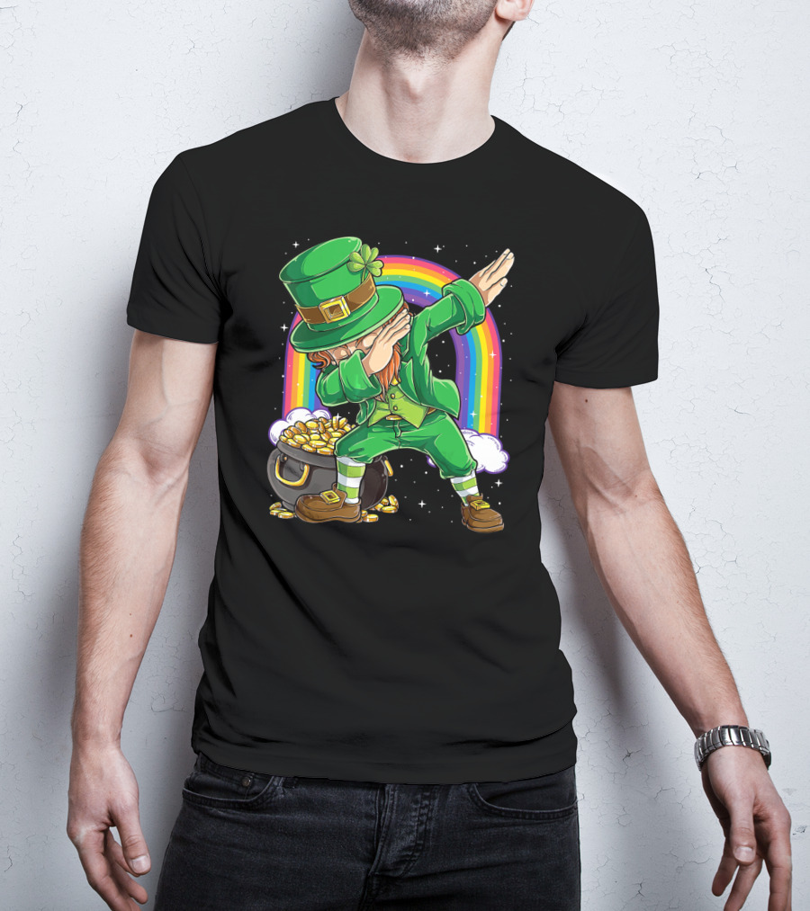 Dabbing Leprechaun St Patricks Day Boys Dab With Pot Of Gold And Rainbow T-Shirt
