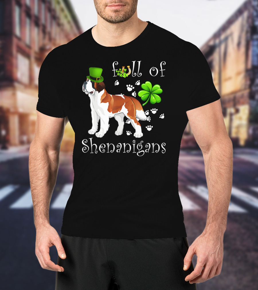 Full Of Shenanigans St Bernard Dog With Shamrock Hat And Paw Prints T-Shirt