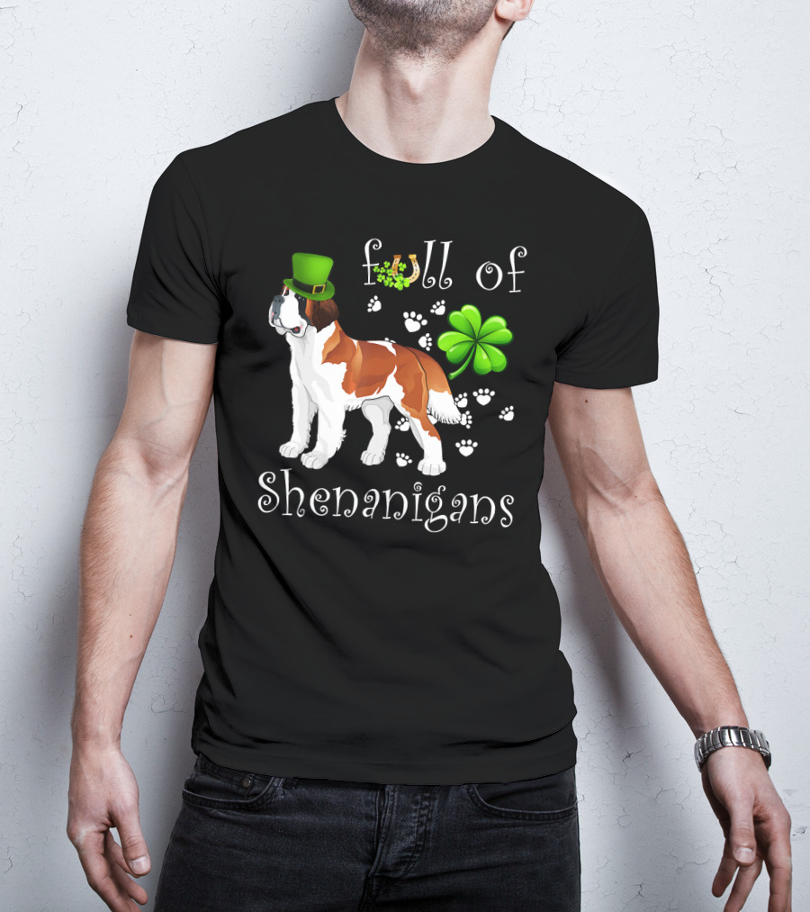 Full Of Shenanigans St Bernard Dog With Shamrock Hat And Paw Prints T-Shirt