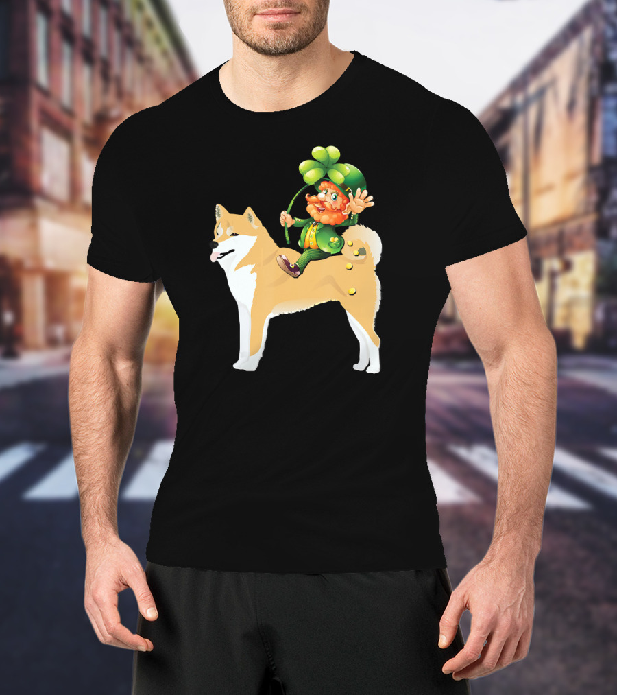Leprechaun On Shiba Inu With Shamrock Rider T-Shirt