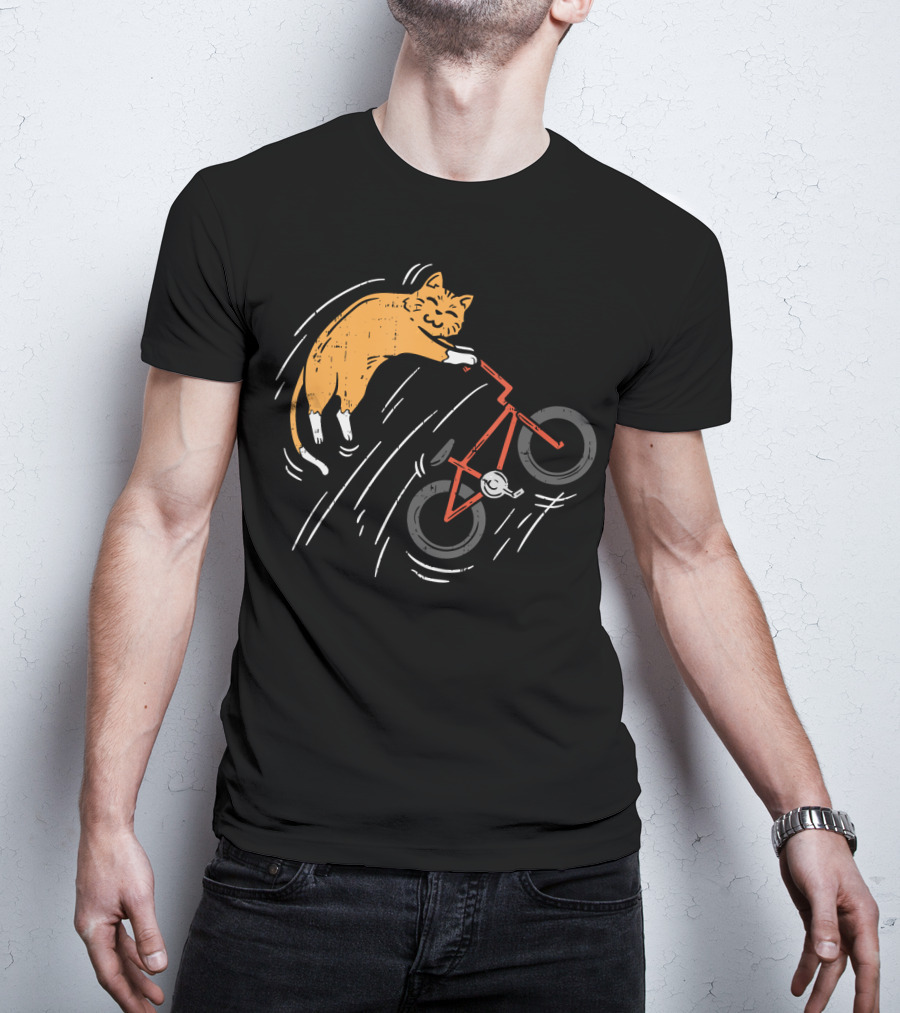 Orange Cat Riding Bicycle In Motion T-Shirt
