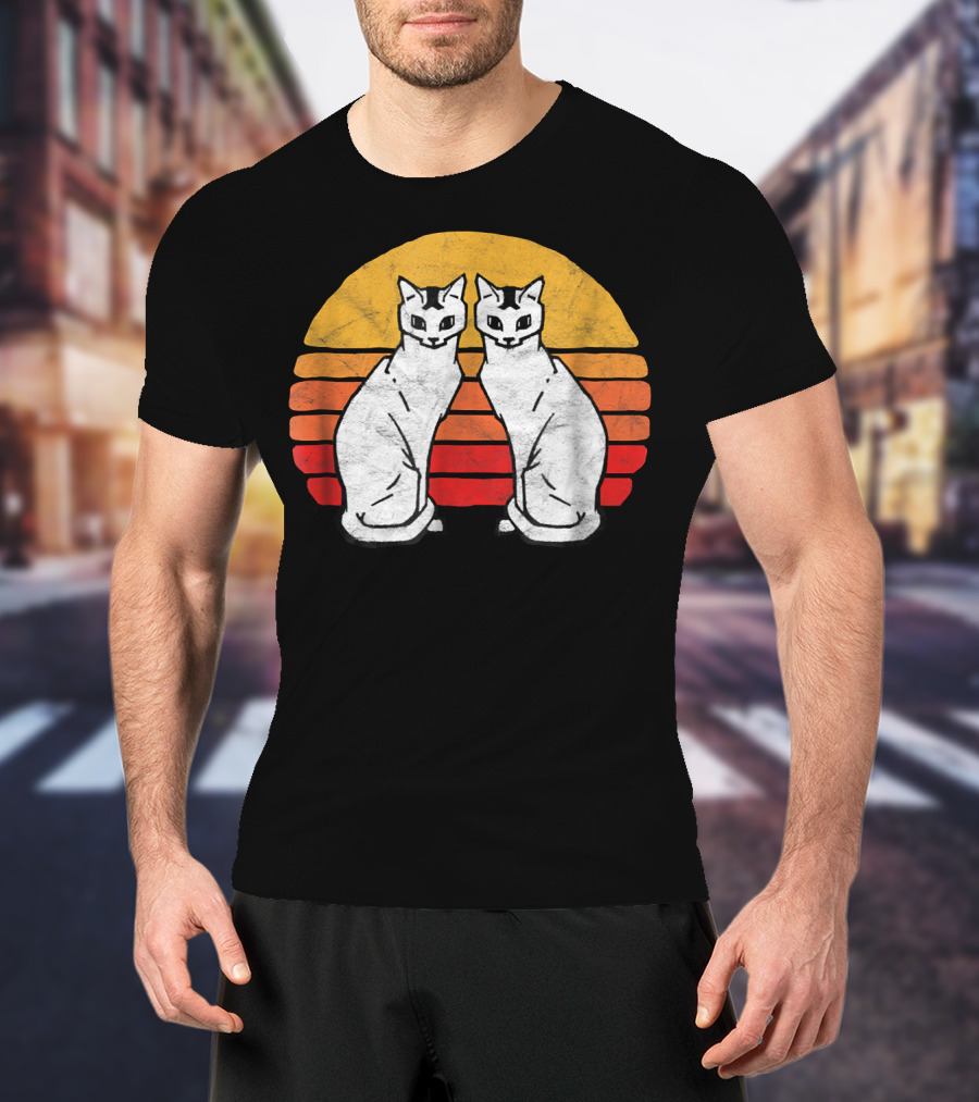 Vintage Eighties Style Twin Siamese Cats With Retro Sunset Stripes T-Shirt