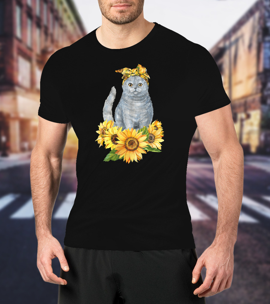 Hippie Cat With Sunflower Bandana And Sunflowers Cute Cat Lover T-Shirt