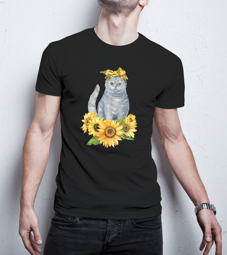 Hippie Cat With Sunflower Bandana And Sunflowers Cute Cat Lover T-Shirt