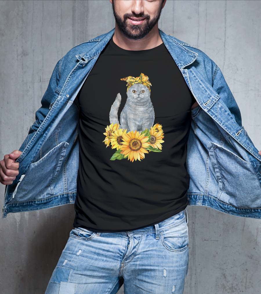Hippie Cat With Sunflower Bandana And Sunflowers Cute Cat Lover T-Shirt