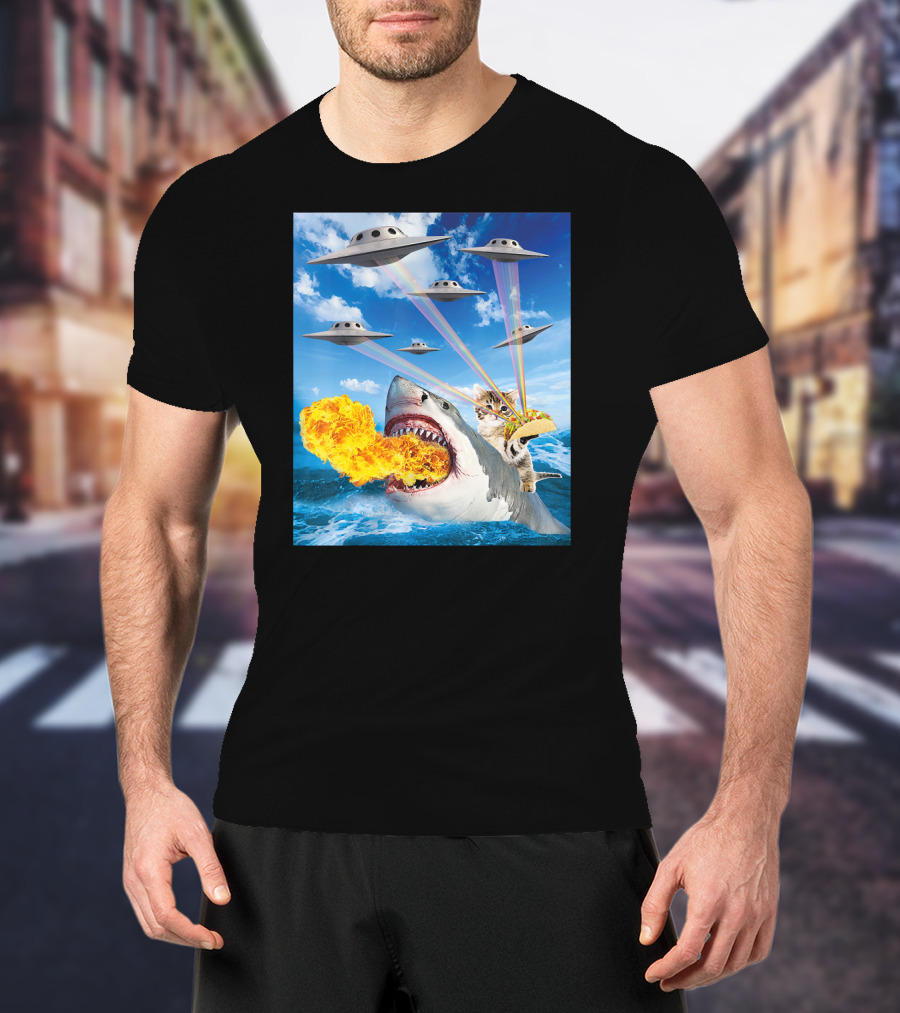 Cat Riding Fire Breathing Shark With UFO Rainbow Lasers And Taco T-Shirt