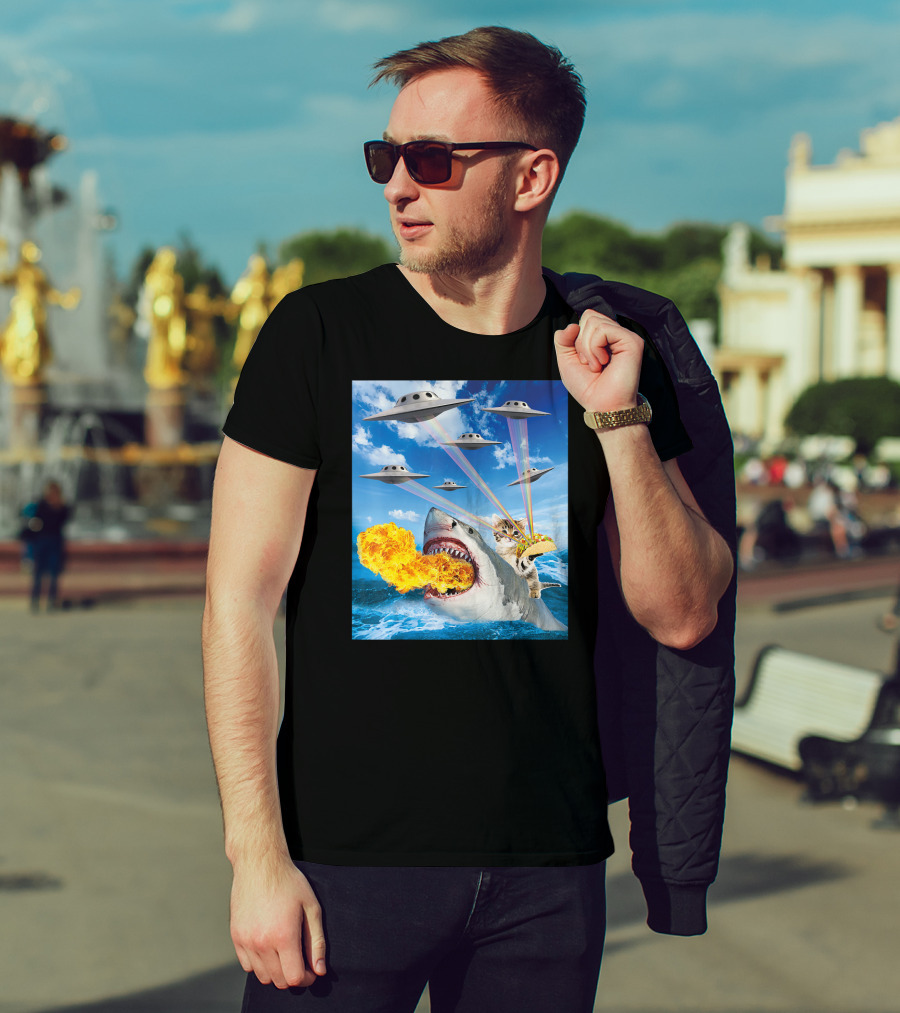 Cat Riding Fire Breathing Shark With UFO Rainbow Lasers And Taco T-Shirt