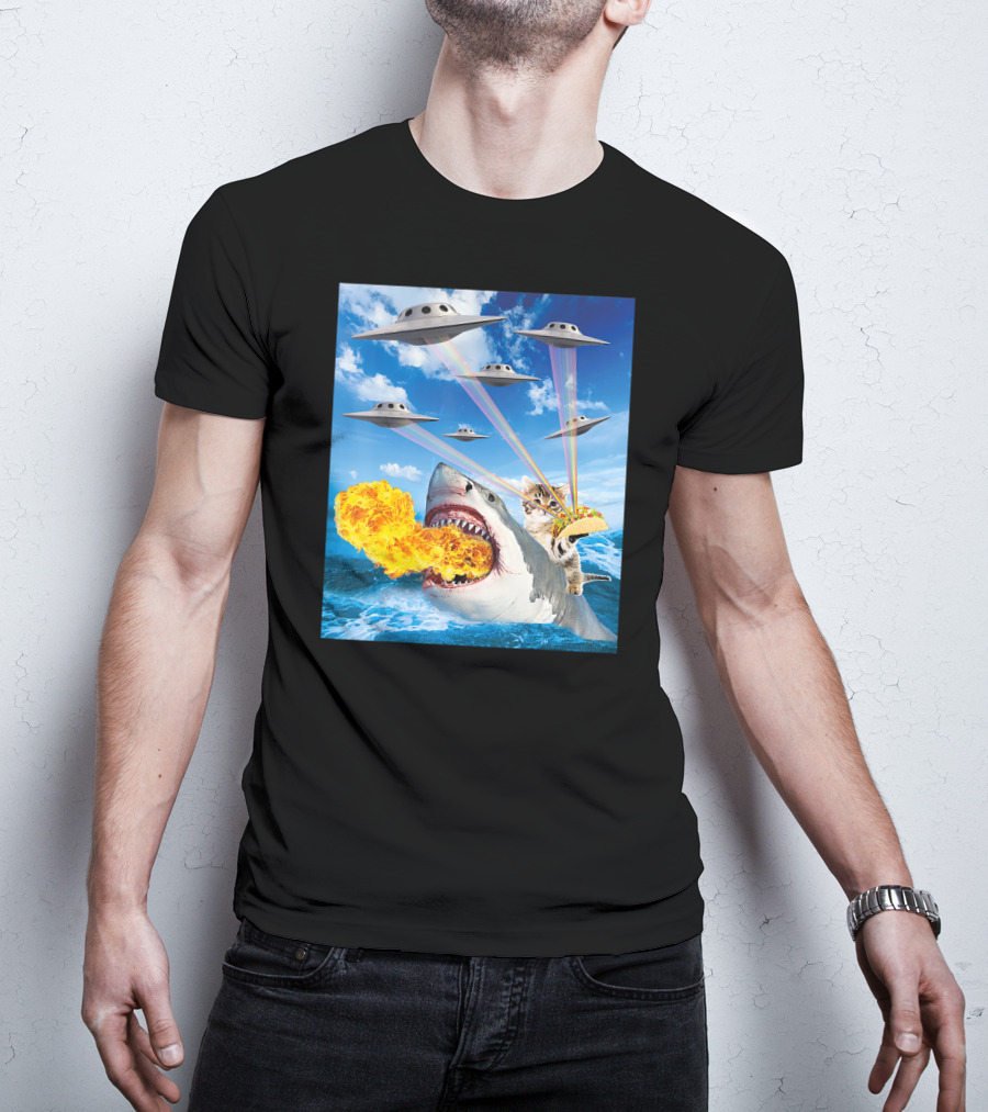 Cat Riding Fire Breathing Shark With UFO Rainbow Lasers And Taco T-Shirt