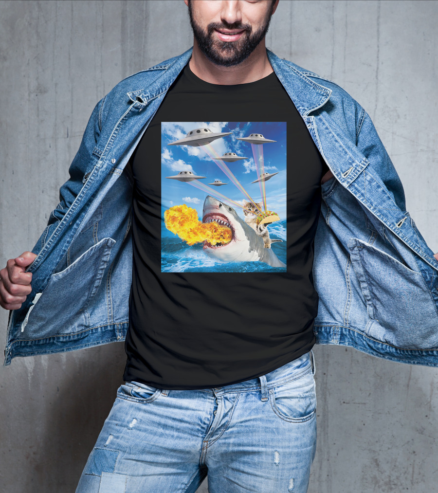 Cat Riding Fire Breathing Shark With UFO Rainbow Lasers And Taco T-Shirt