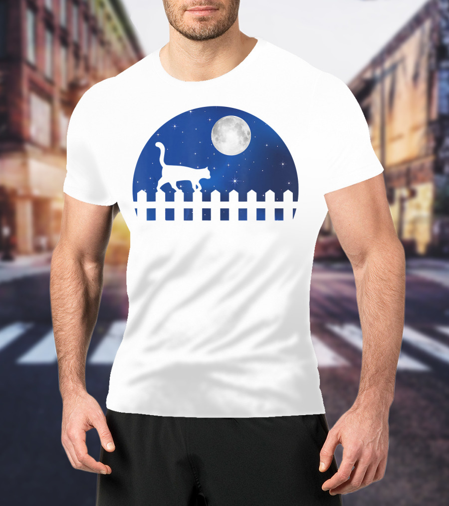 Cat Cat Moon Night Sky Walking Fence T-Shirt
