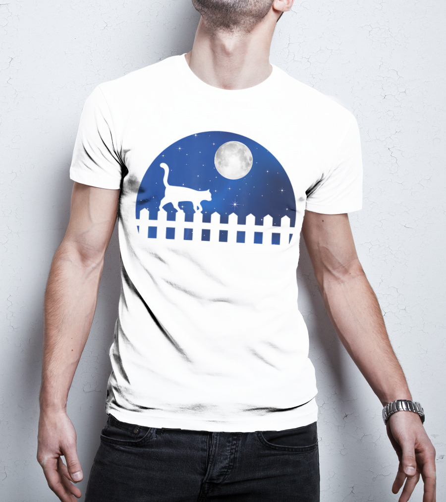 Cat Cat Moon Night Sky Walking Fence T-Shirt