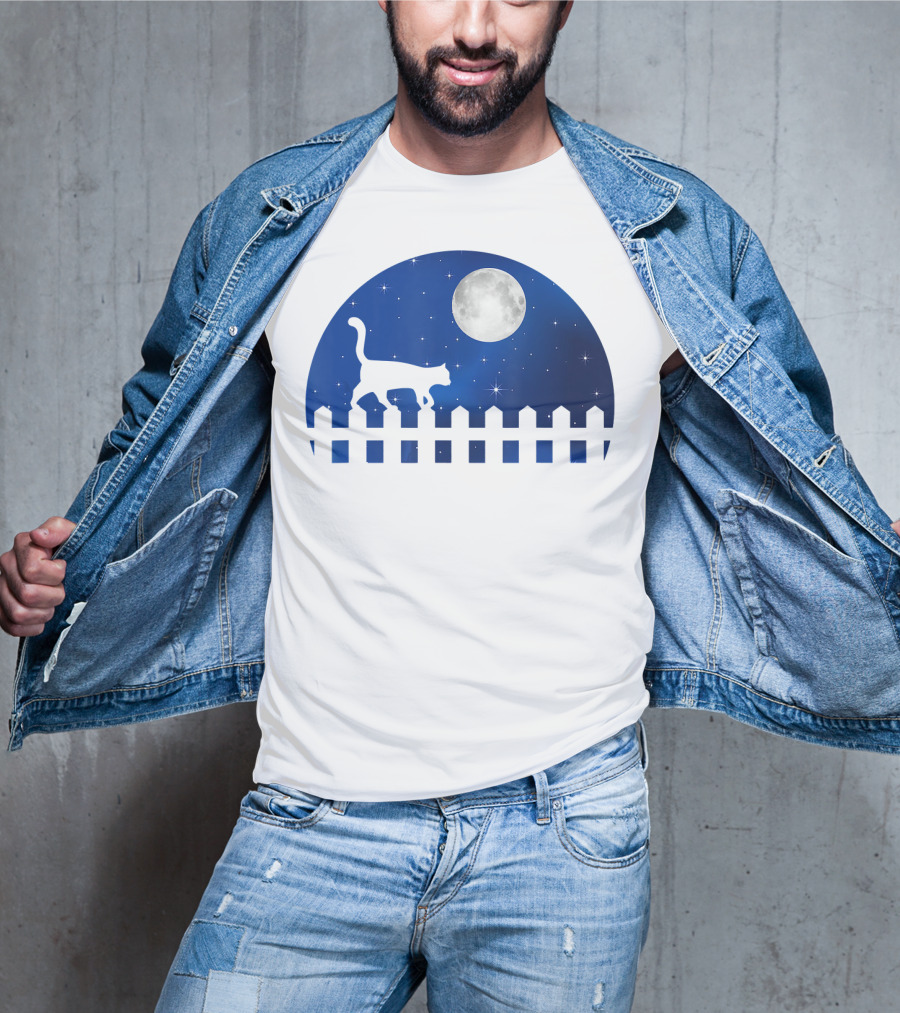 Cat Cat Moon Night Sky Walking Fence T-Shirt