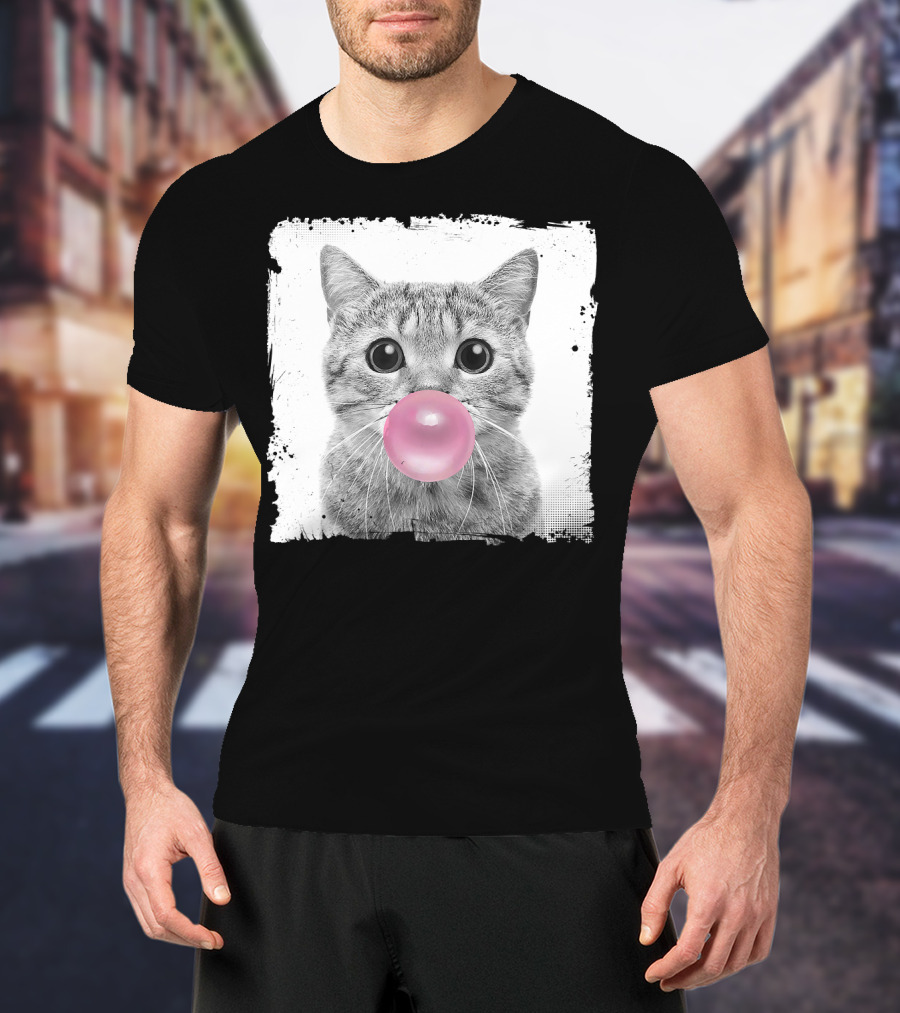 Cute Cat Blowing Pink Bubble Gum For Animal Lover Black And White Sketch T-Shirt