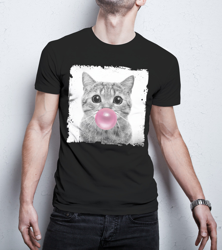 Cute Cat Blowing Pink Bubble Gum For Animal Lover Black And White Sketch T-Shirt