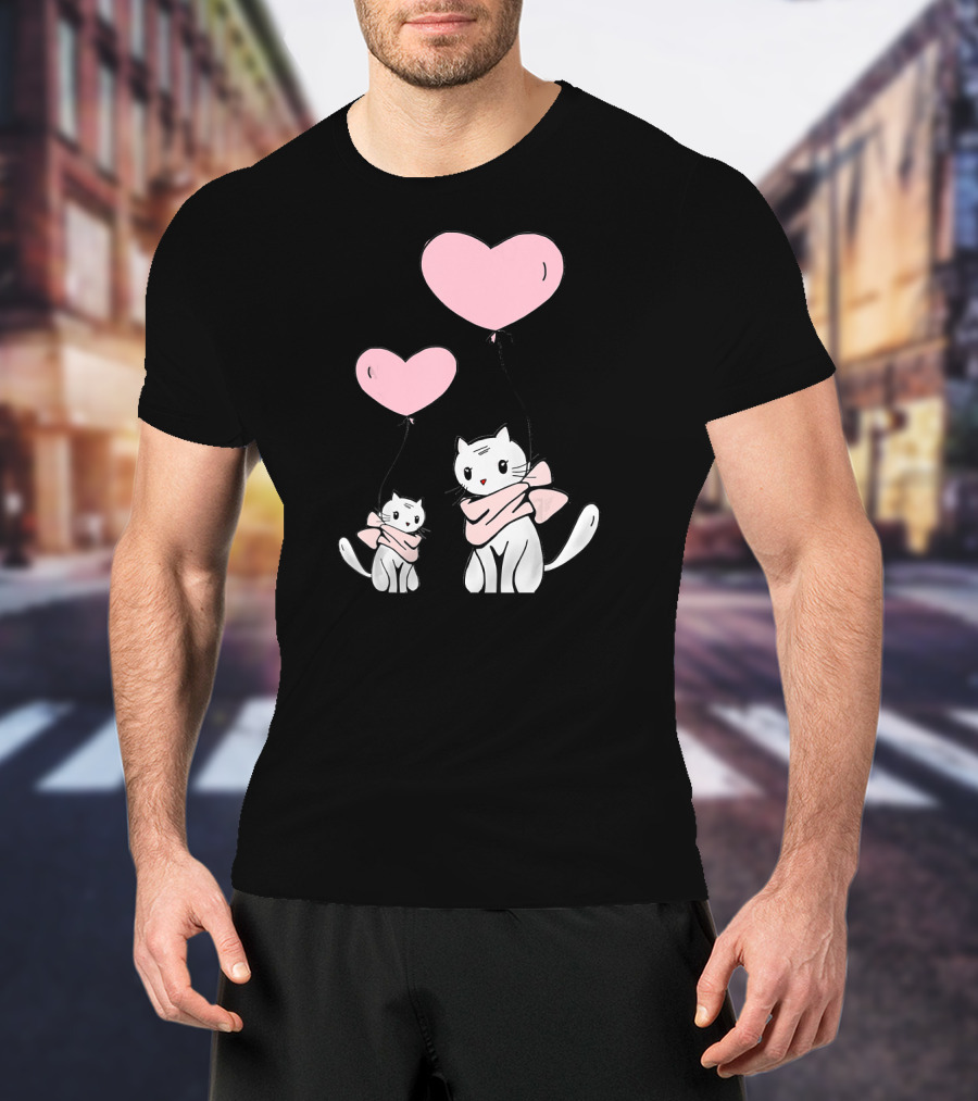 CUTE CATS Wearing Scarves Holding Pink Heart Balloons T-Shirt