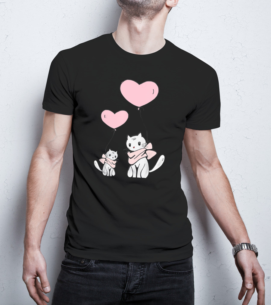 CUTE CATS Wearing Scarves Holding Pink Heart Balloons T-Shirt