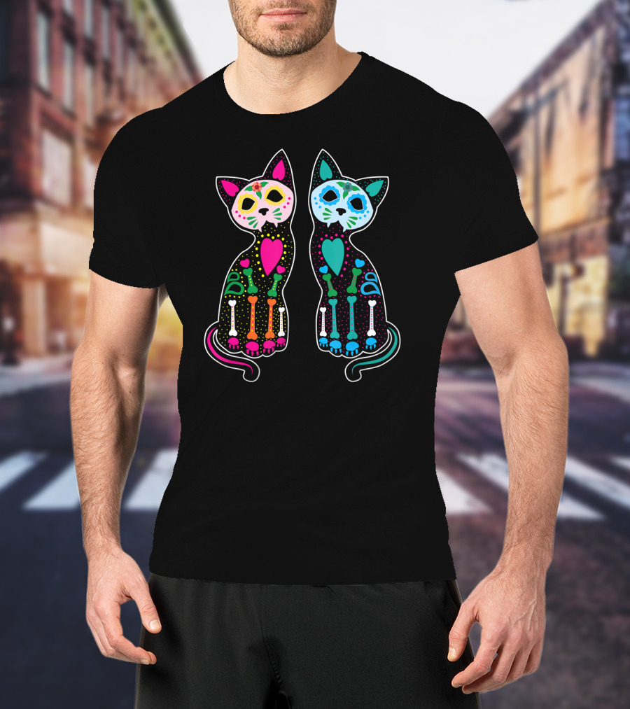Day Of The Dead Sugar Skull Skeleton Cats T-Shirt