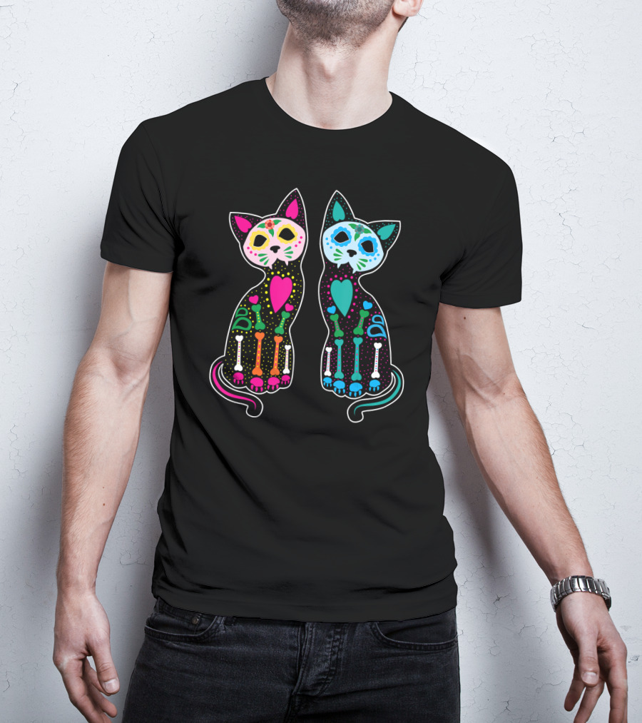 Day Of The Dead Sugar Skull Skeleton Cats T-Shirt