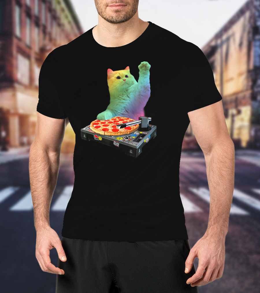 DJ Cat EDM Pizza Turntable Colorful Kitty Music Fun T-Shirt