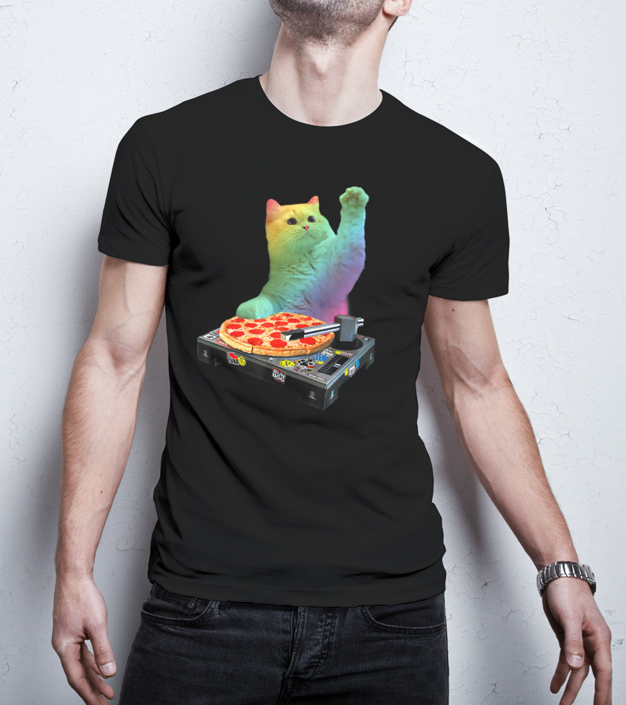 DJ Cat EDM Pizza Turntable Colorful Kitty Music Fun T-Shirt