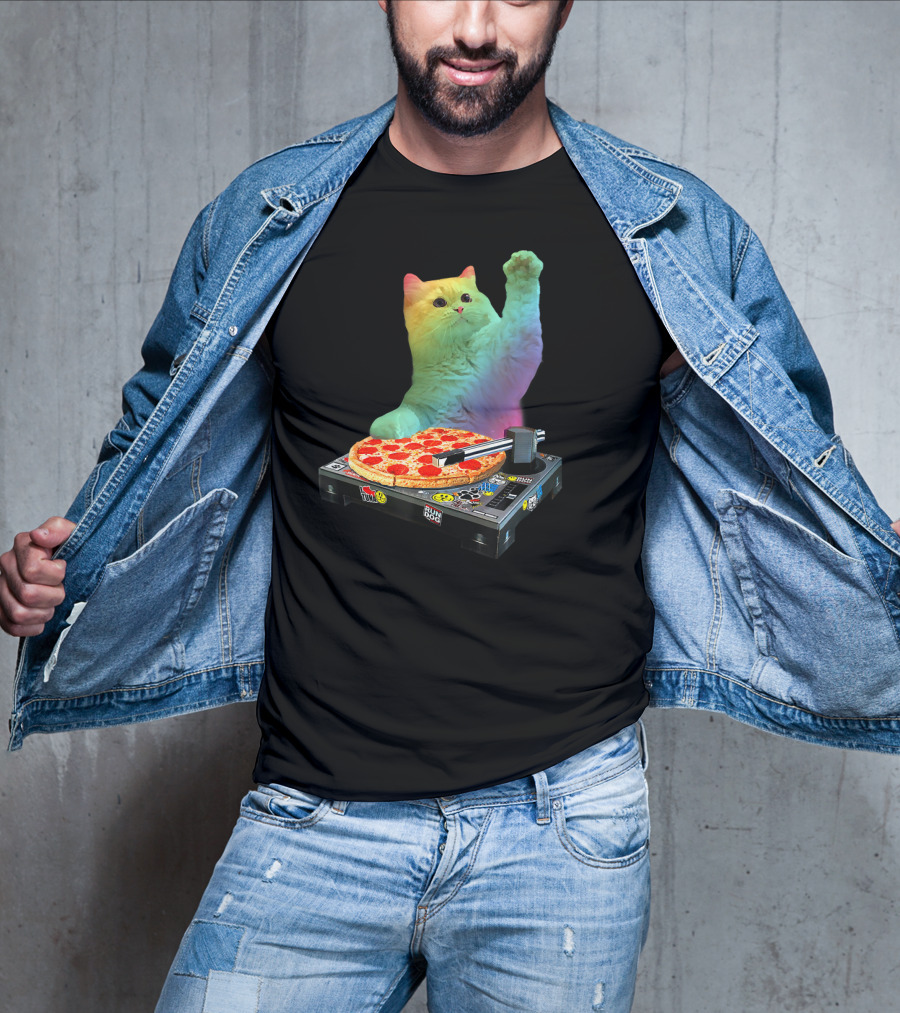 DJ Cat EDM Pizza Turntable Colorful Kitty Music Fun T-Shirt