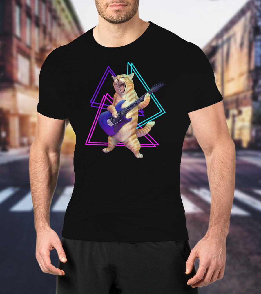 Guitar Cat Rock Kitty On Electric Guitar Neon Triangles T-Shirt